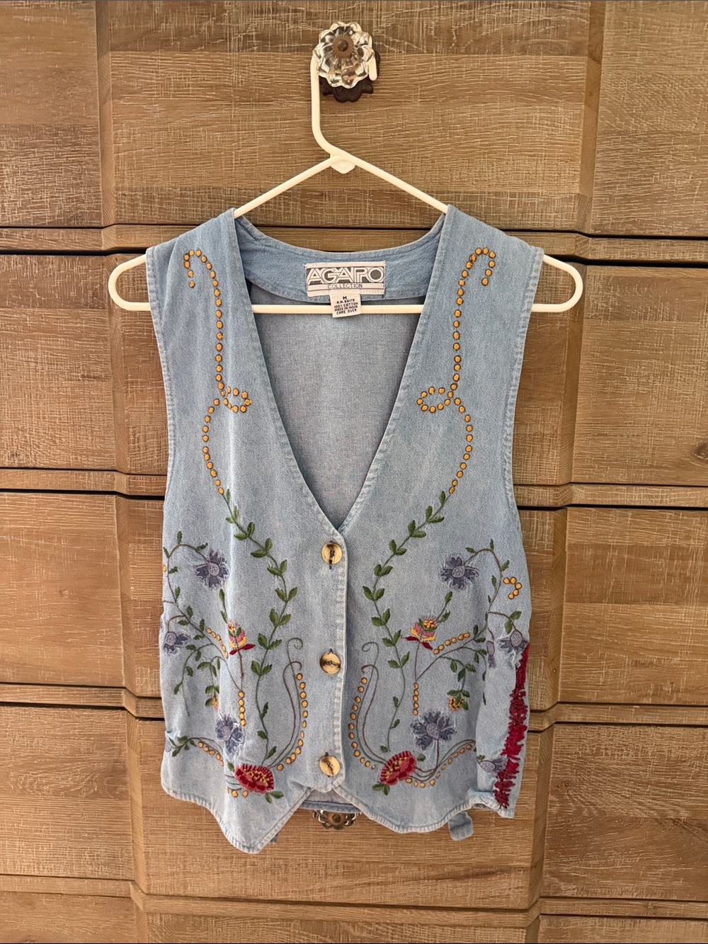 Agapo Light Blue Floral Embroidered Denim Vest